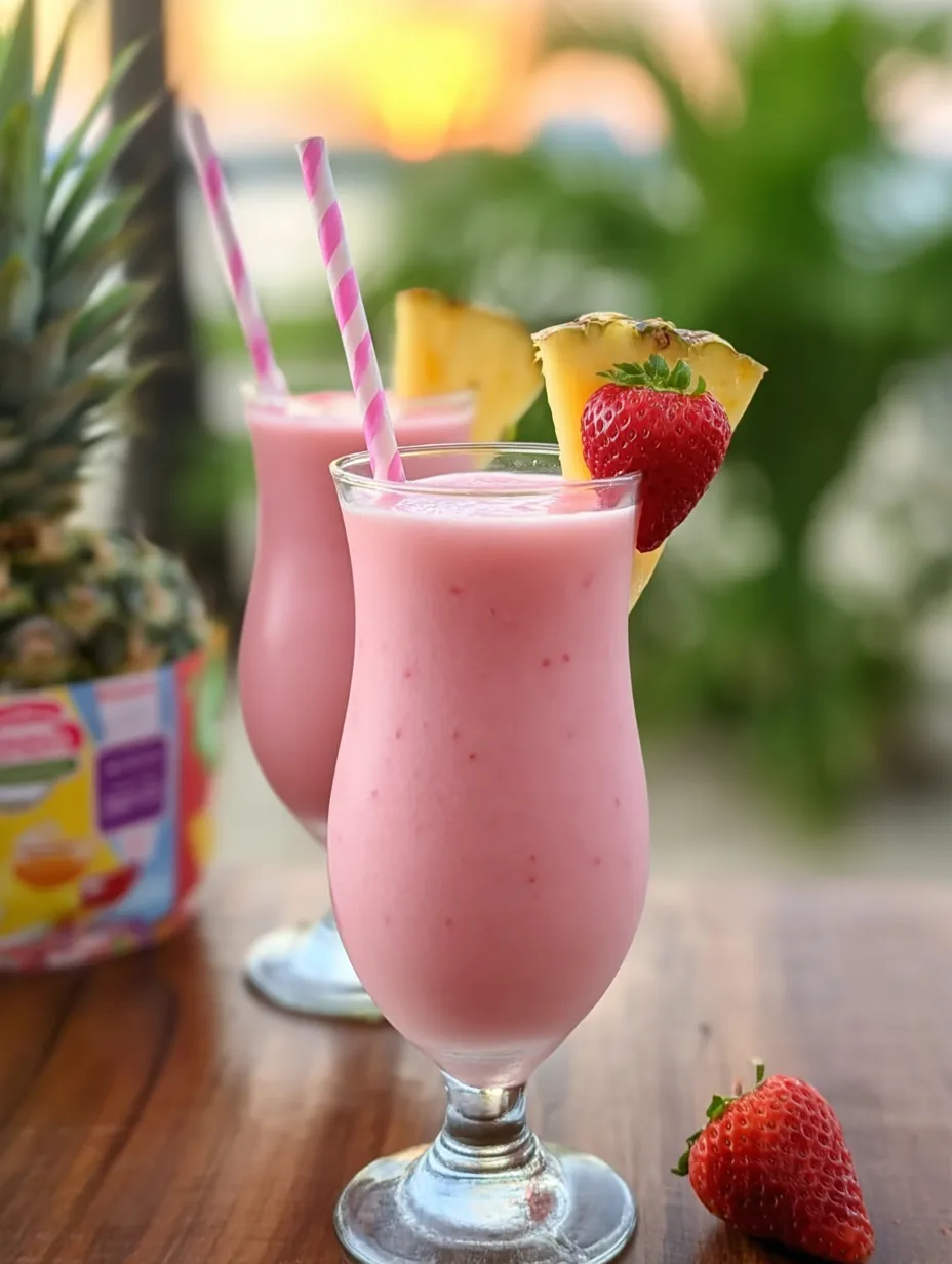 Two pink drinks with pineapple and strawberries.