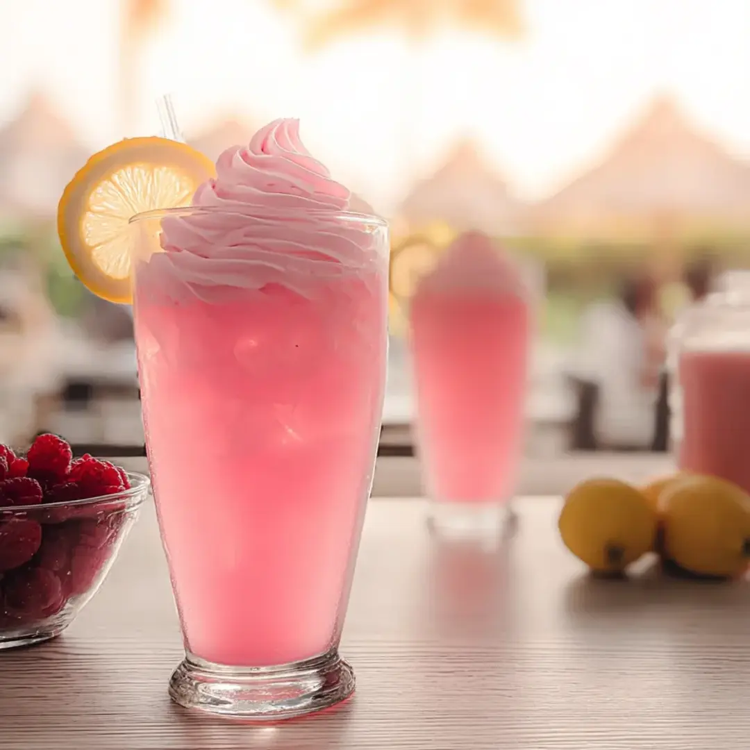 A glass of pink drink with a lemon wedge in it.