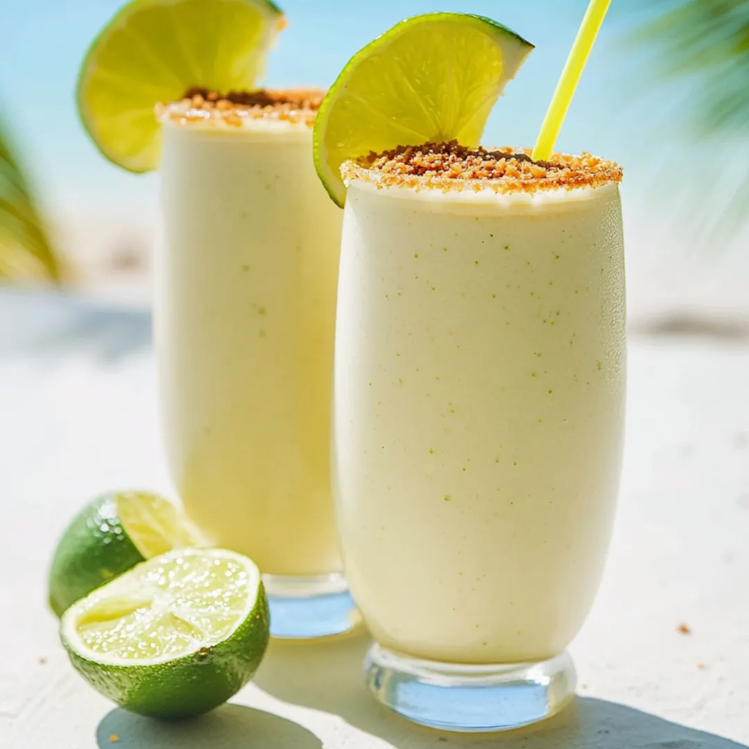 Glass cups of lime shake beside fresh limes.