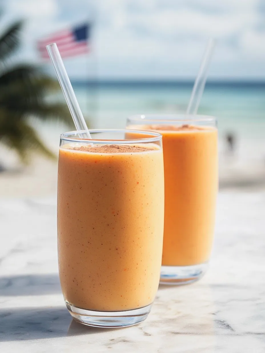 Two glasses filled with a bright orange drink on a tabletop.