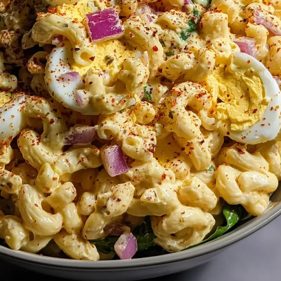 Bowl of mac salad mixed with egg chunks.