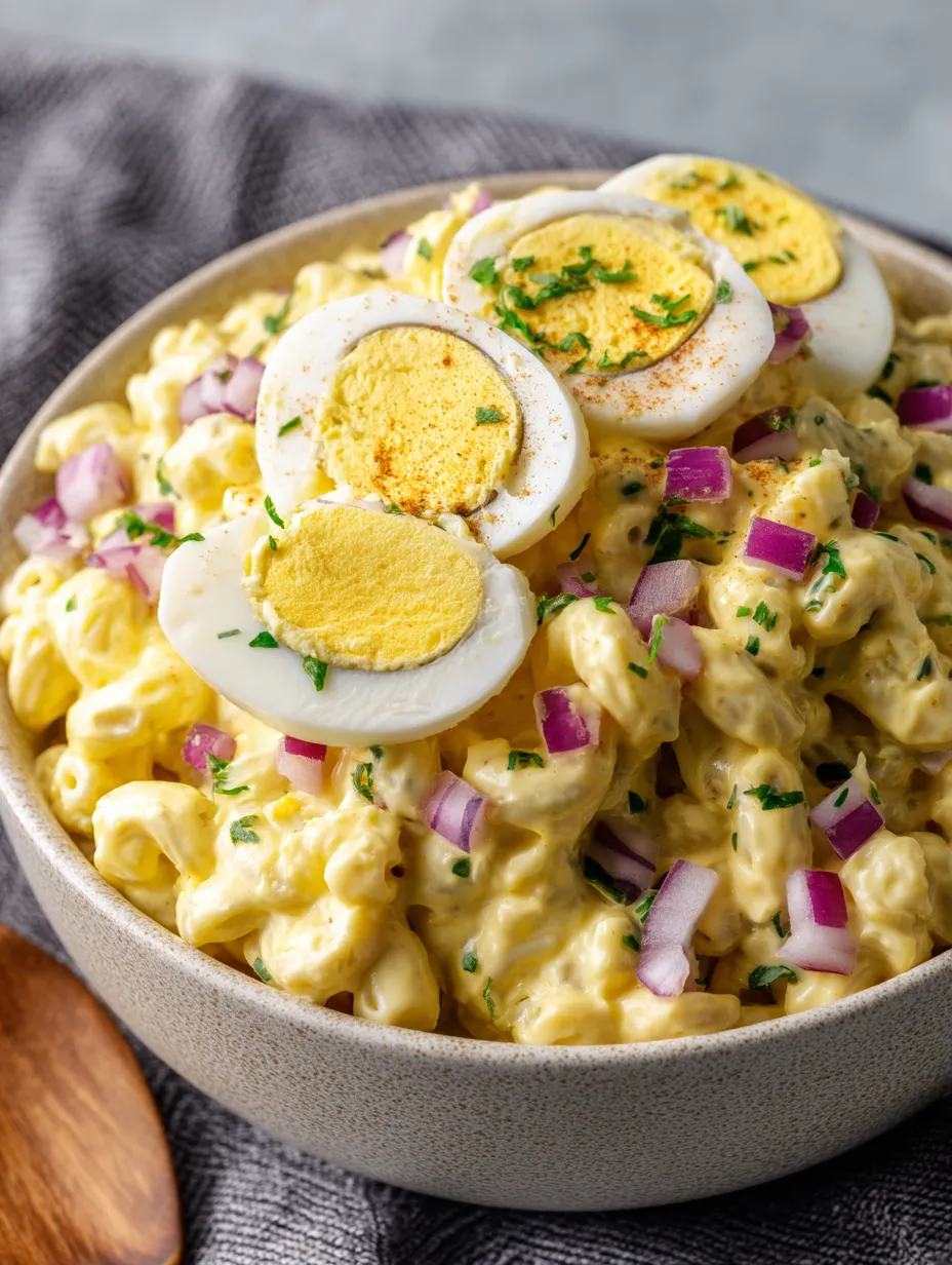 A bowl of creamy macaroni with sliced eggs up top.