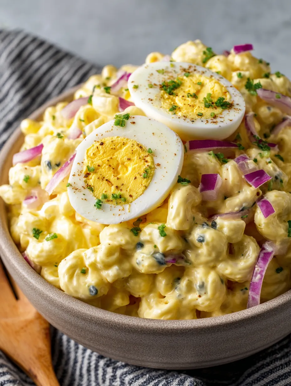 Creamy macaroni with two sliced boiled eggs on top in a bowl.