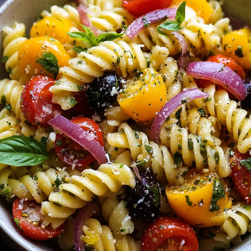 A bowl loaded with pasta, fresh tomatoes, and big basil leaves.