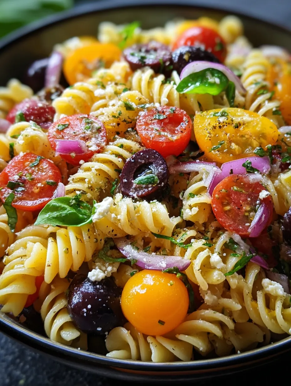 A bowl of pasta with tomatoes, onions, olives, and cheese.