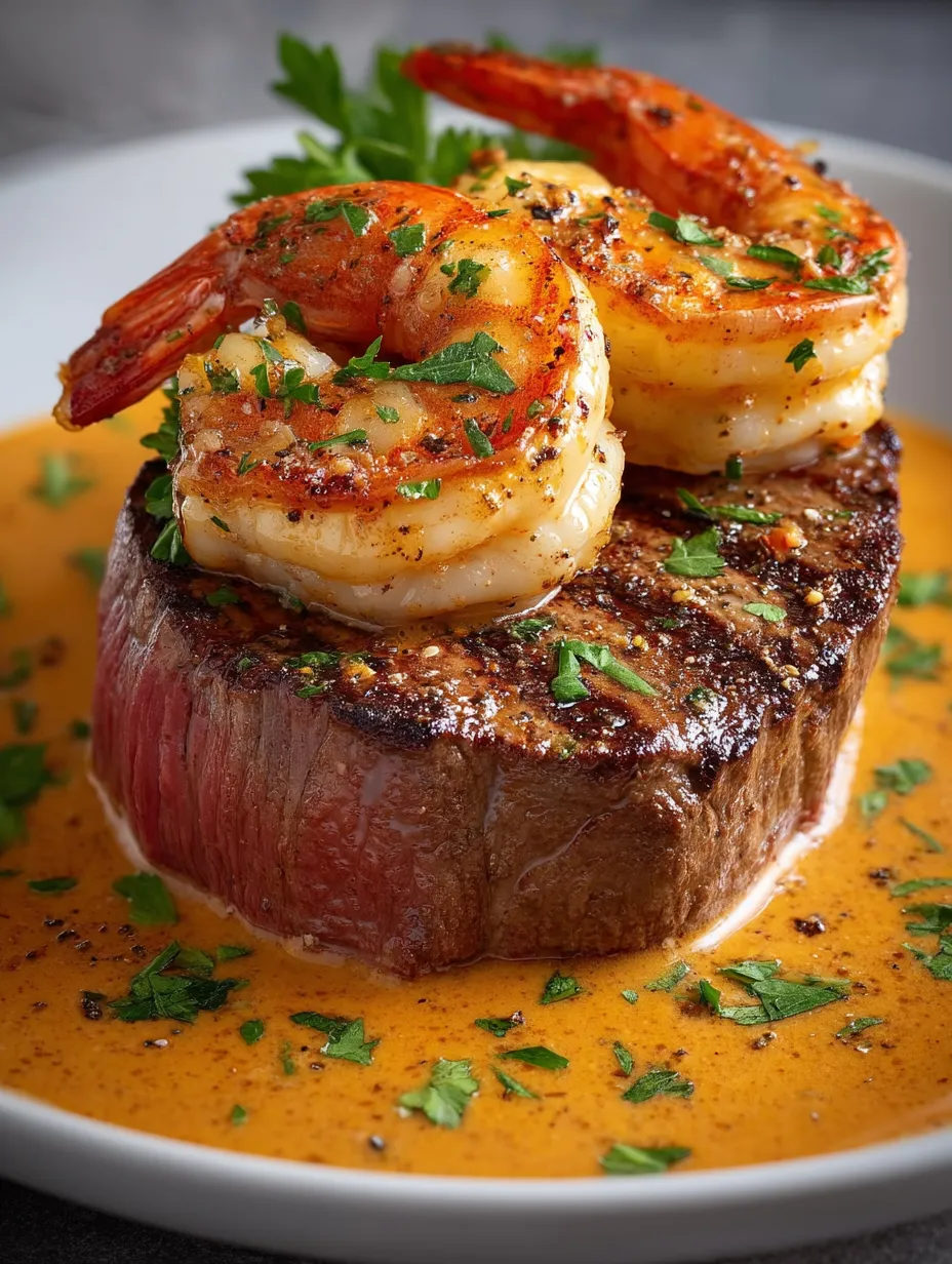 Shrimp and steak on a plate.
