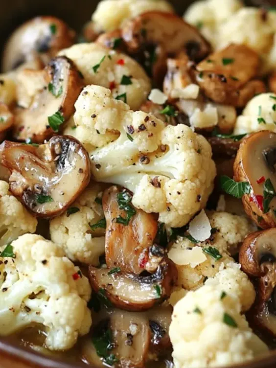 Yummy close up of mushrooms and cauliflower.