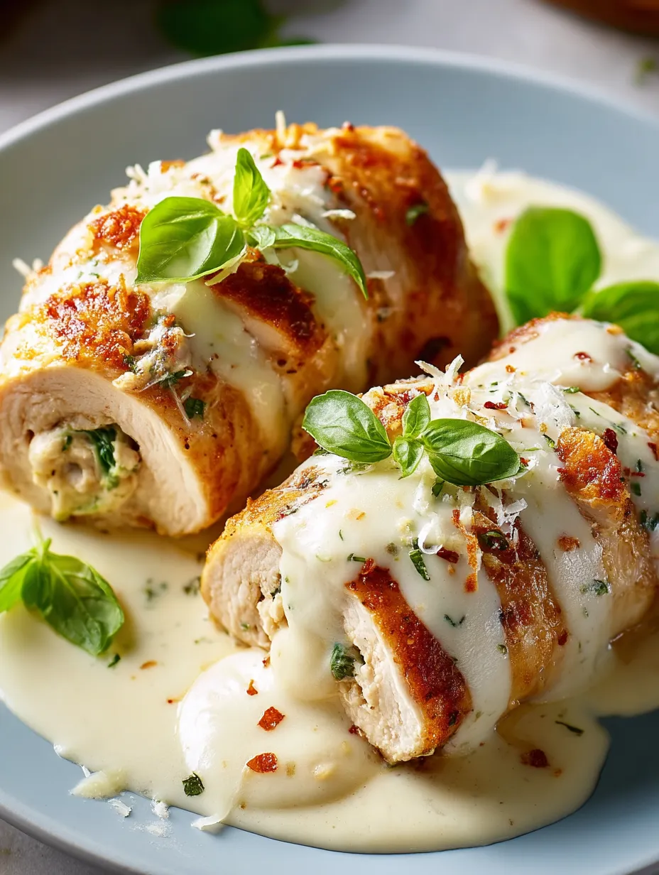 Chicken with sauce and herbs.