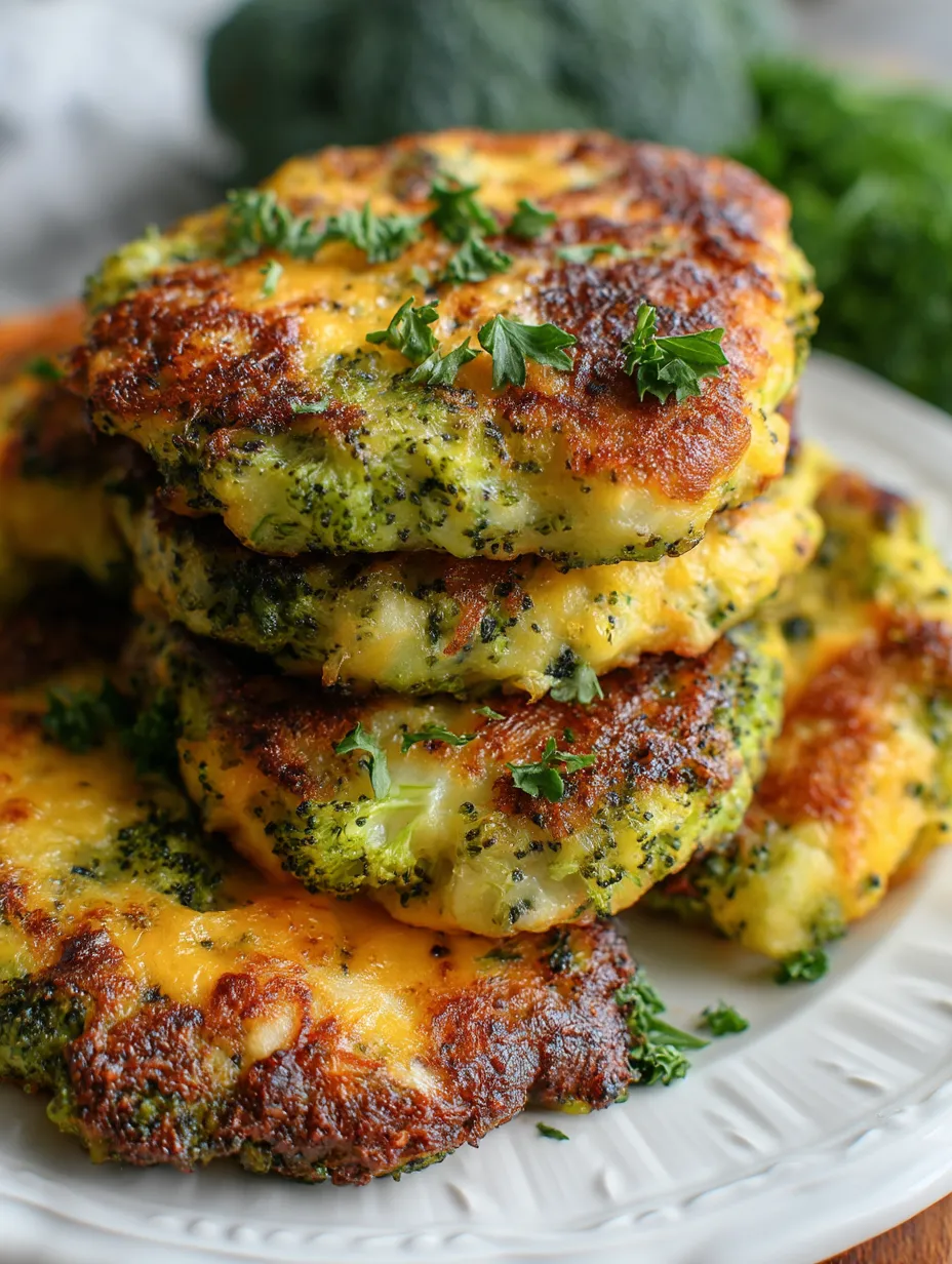 A stack of three pancakes with broccoli on top.