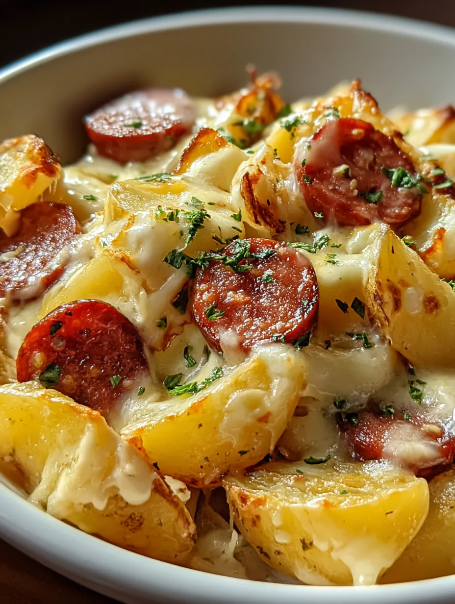 A bowl of food with potatoes, sausage, and cheese.