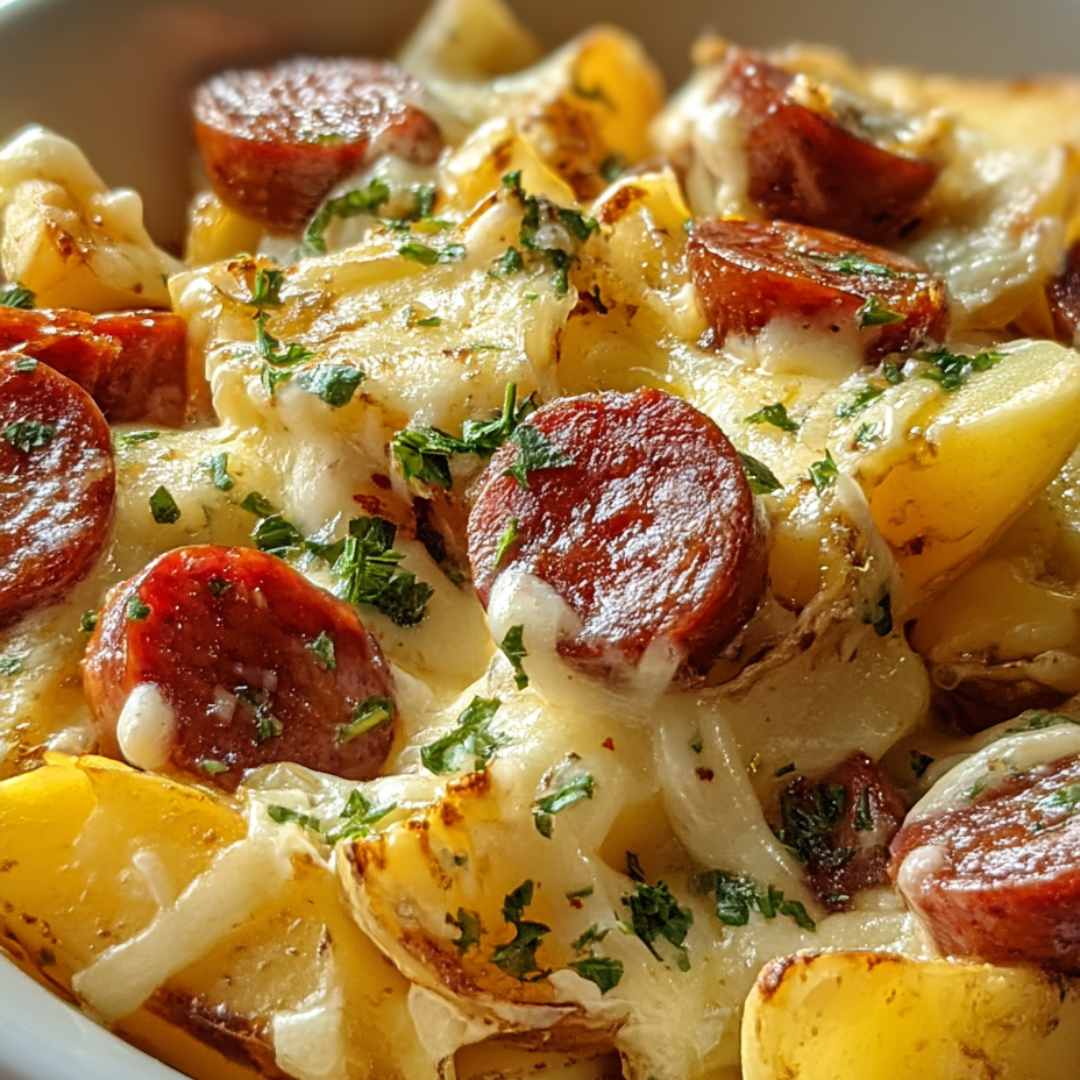 A bowl of food with sausage and potatoes.