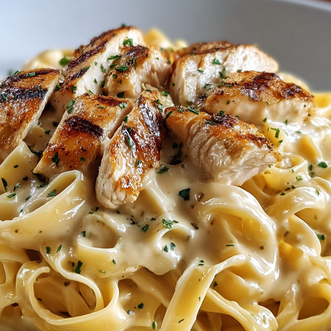 A plate of pasta with chicken on top.