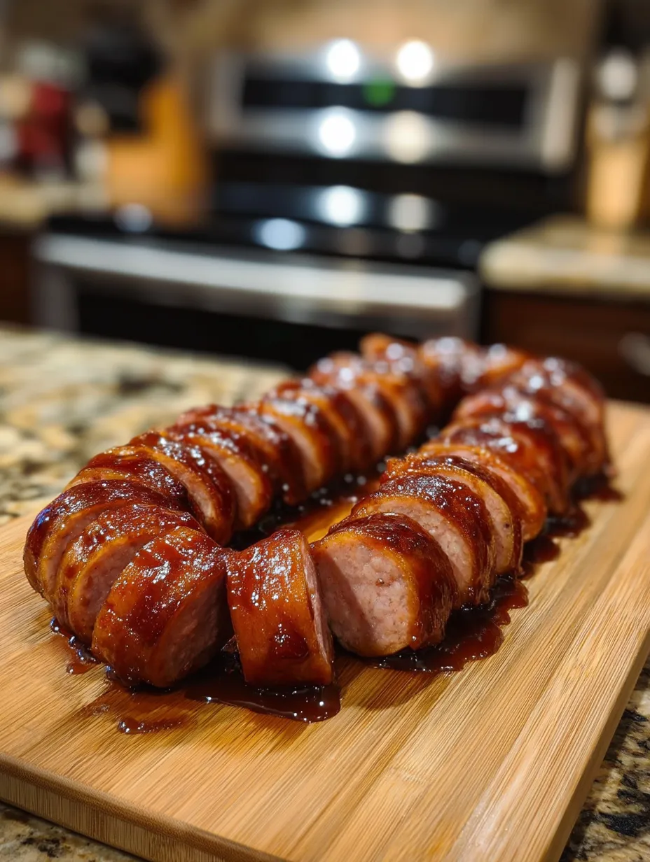 A large sausage on a wooden cutting board.