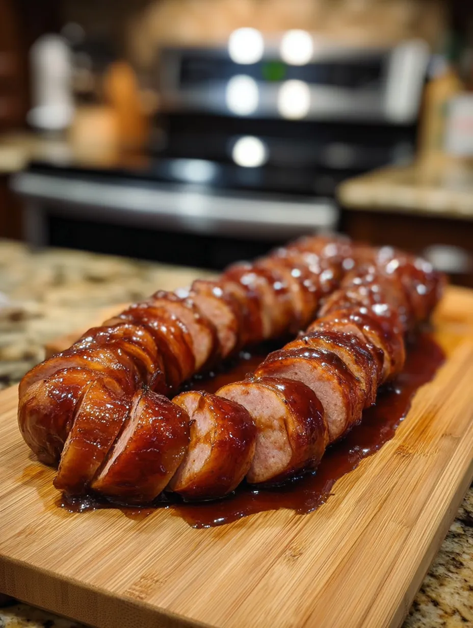 A sausage on a wooden board.