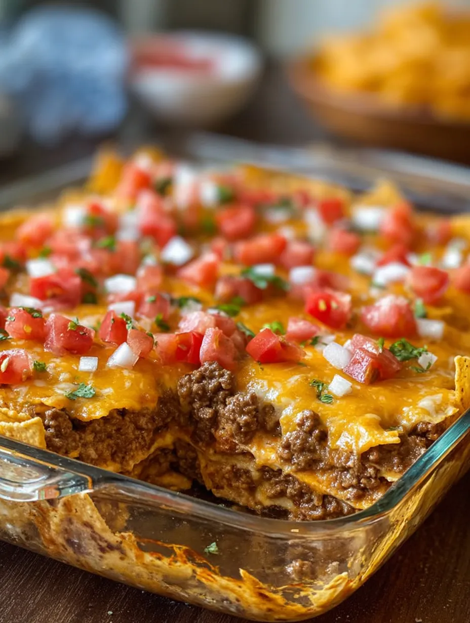 A dish of nachos with tomatoes and cheese.