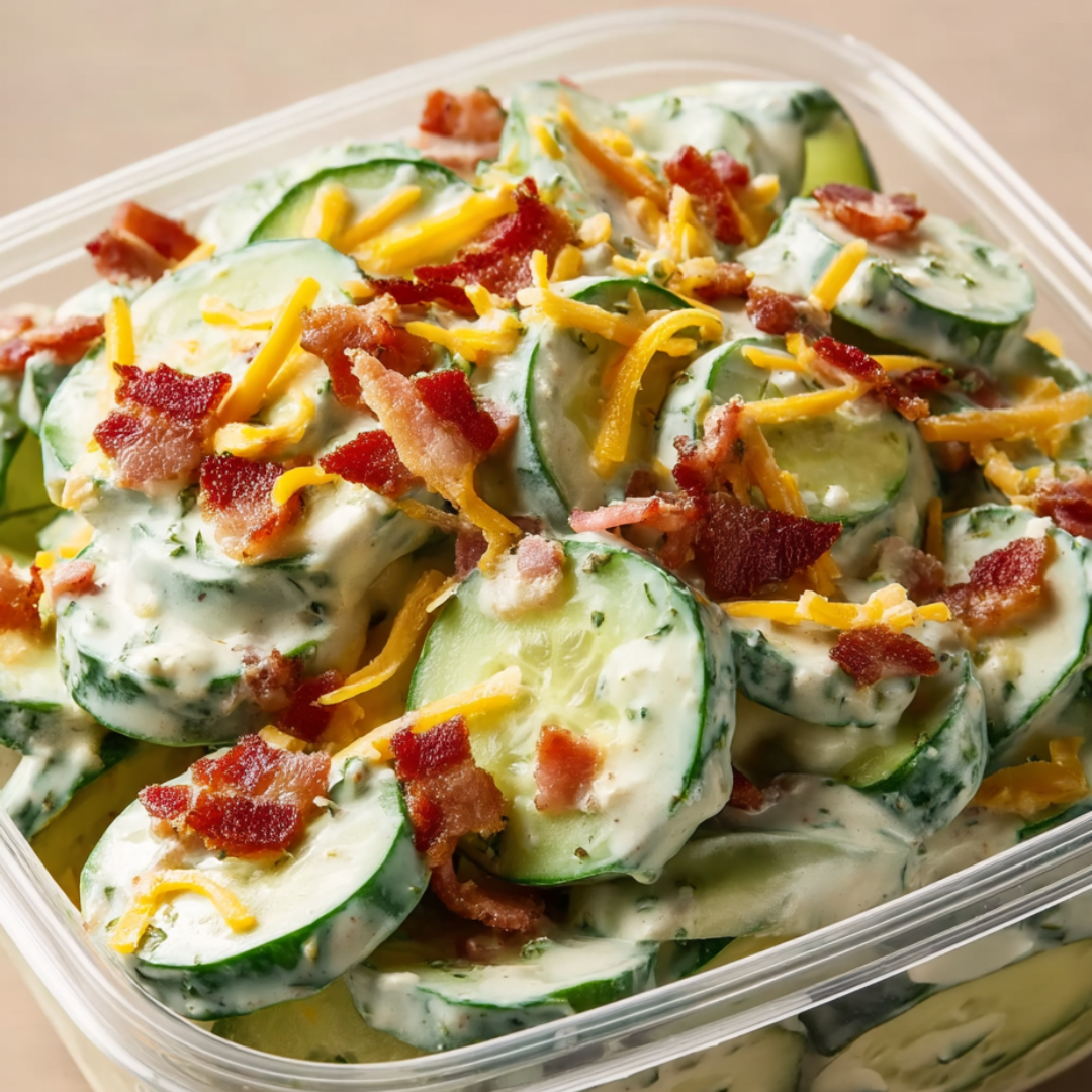 A container of bacon and cheese stuffed cucumbers.