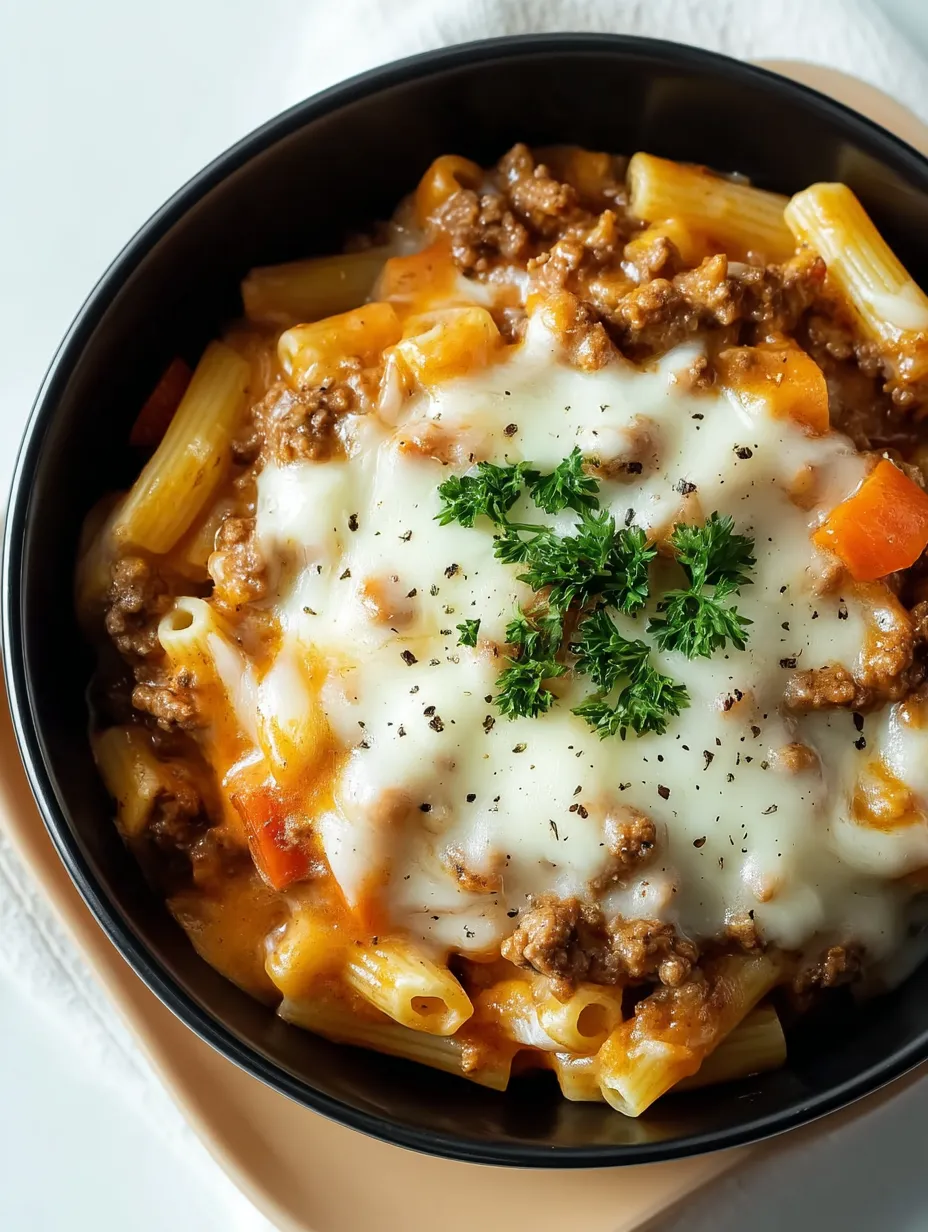 A bowl of pasta with meat and cheese.