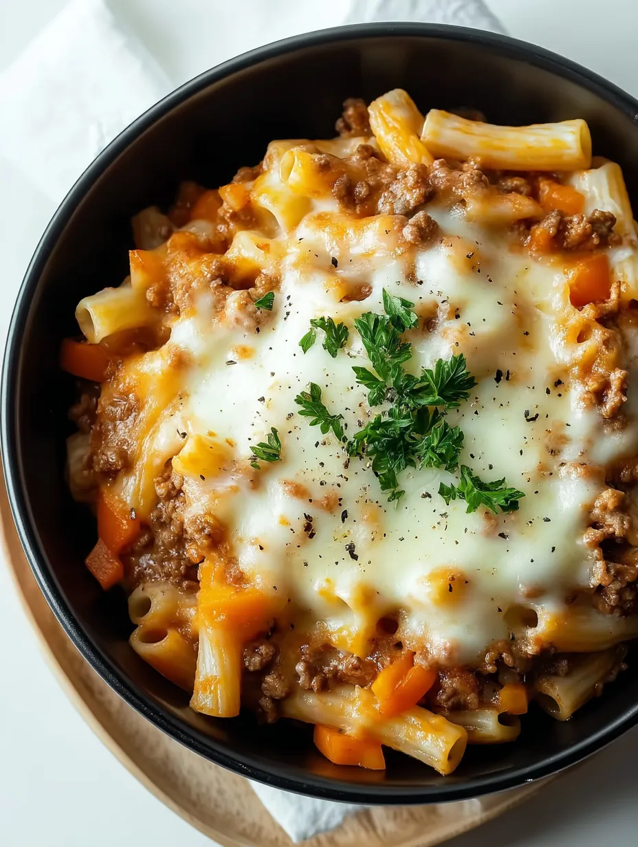 A bowl of pasta with meat and cheese.