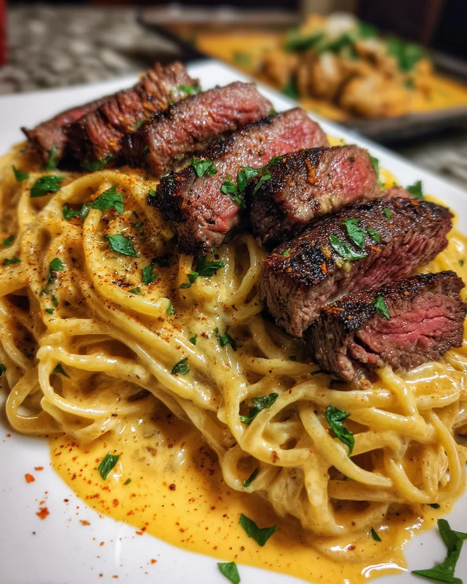 A plate of pasta with meat on top.
