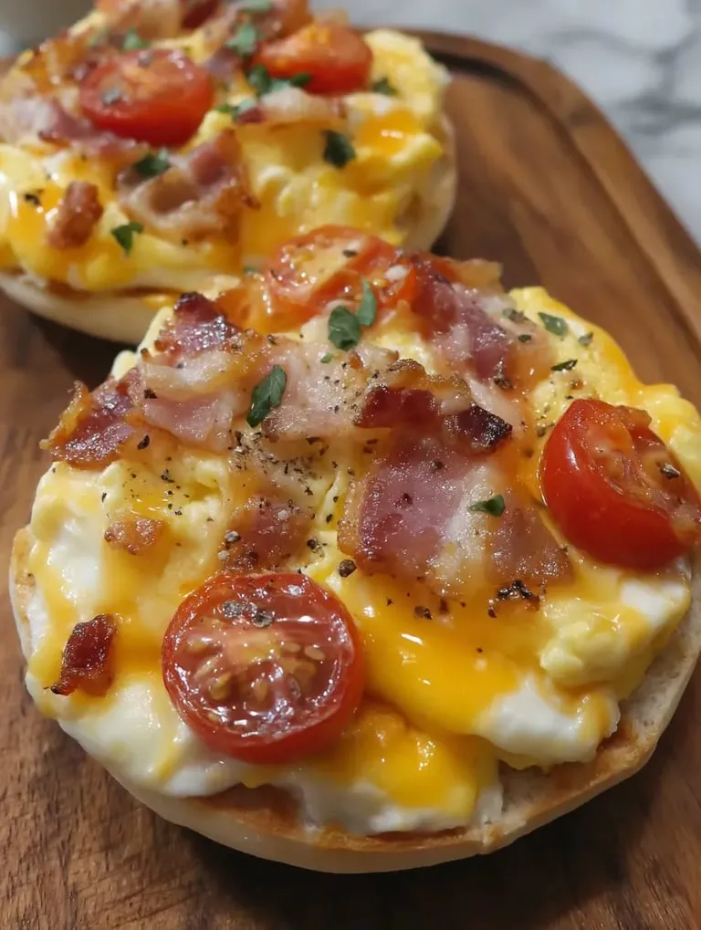 Eggs benedict sandwiches with slices of tomato.