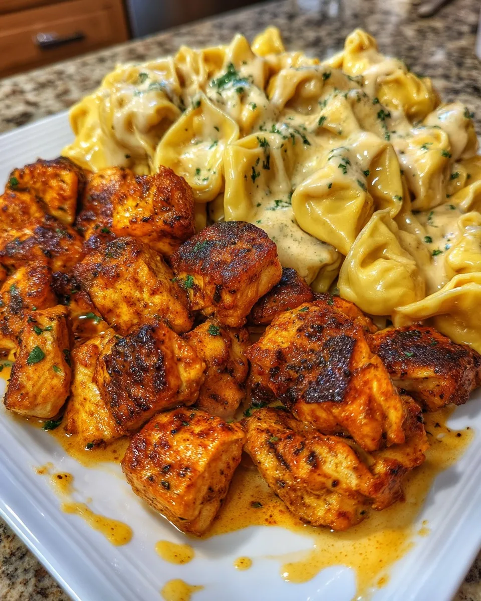 A plate of food with chicken, pasta, and sauce.