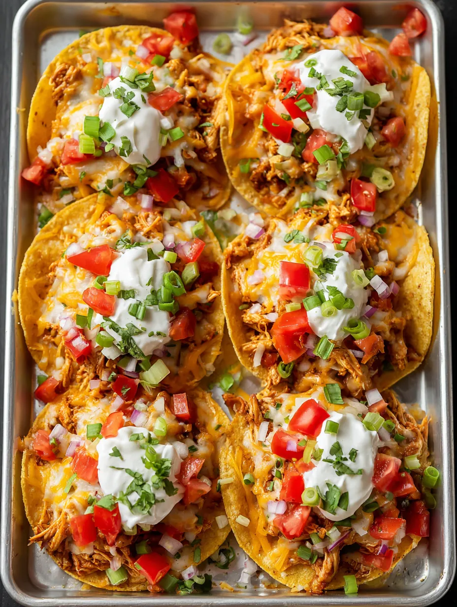 A tray showing chicken tacos with lettuce, tomatoes, and cheese.