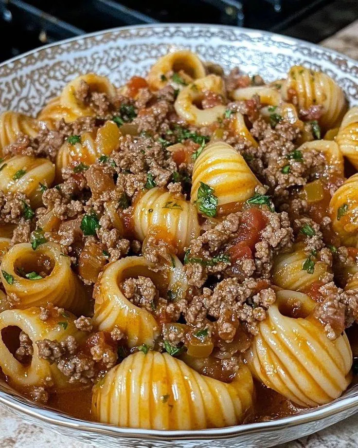A bowl of pasta with meat sauce.