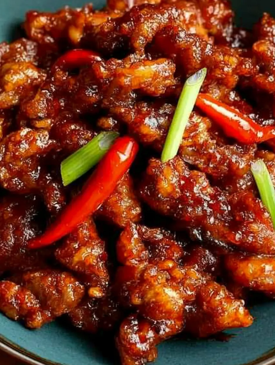 A big plate of flash-fried meat topped with a pepper slice.