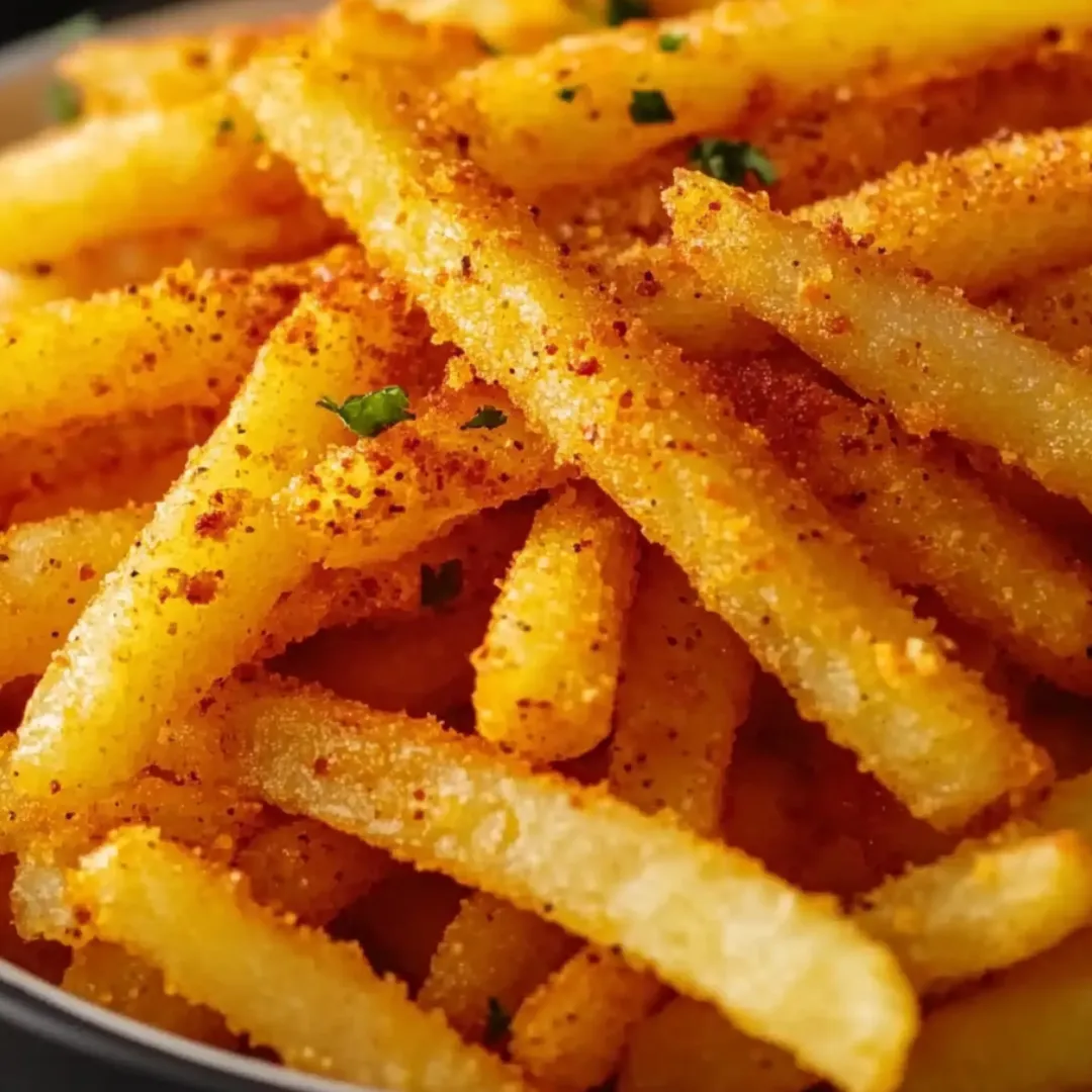 Loaded fries in a bowl, topped with a bit of parsley.