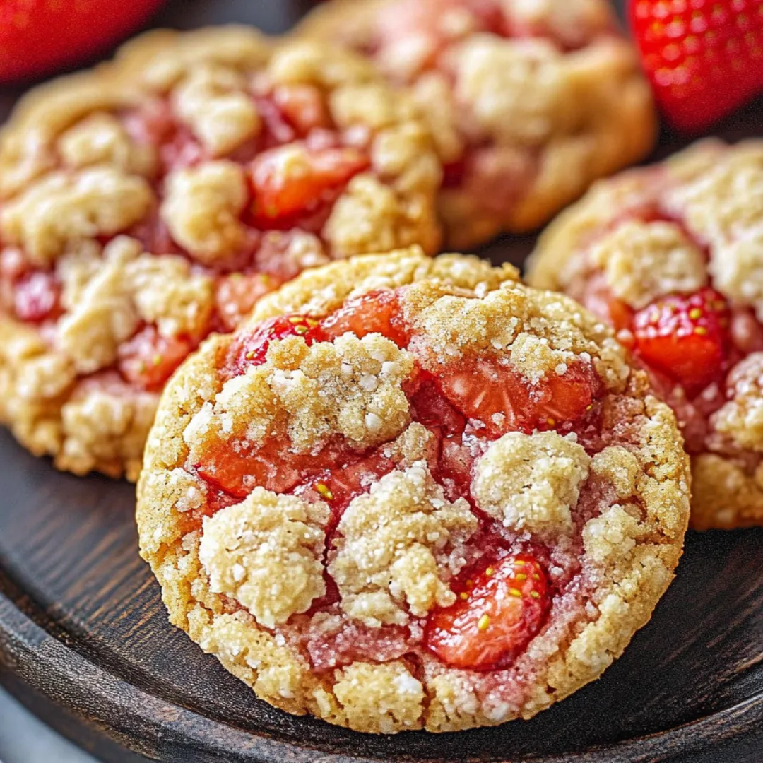 A thick cookie topped with fresh strawberries.