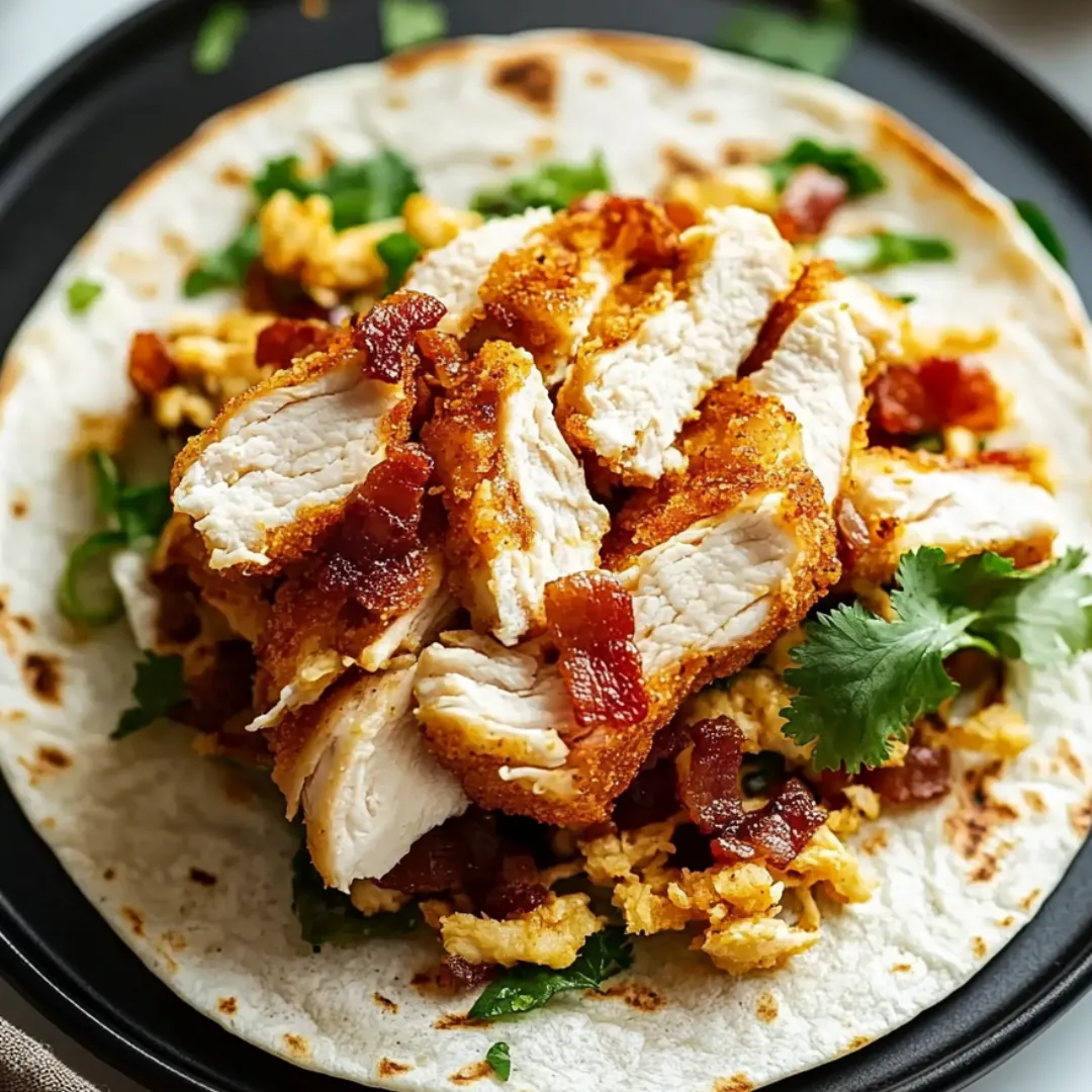 Chicken and bacon piled on a plate.