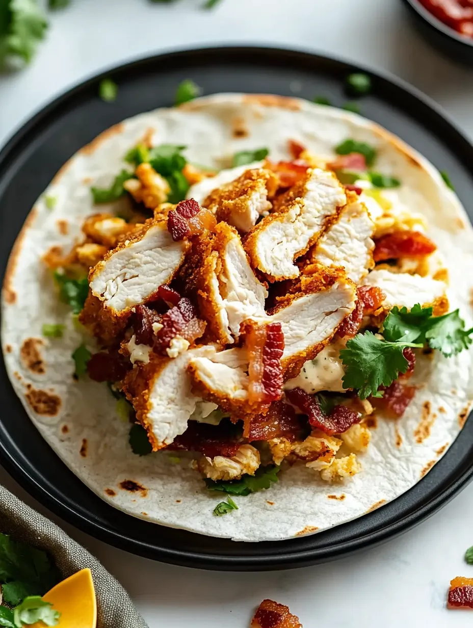 Tortilla loaded with chicken and bacon, ready to wrap.
