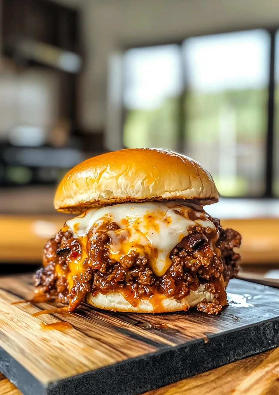 A burger with cheese and chili on a wooden table.