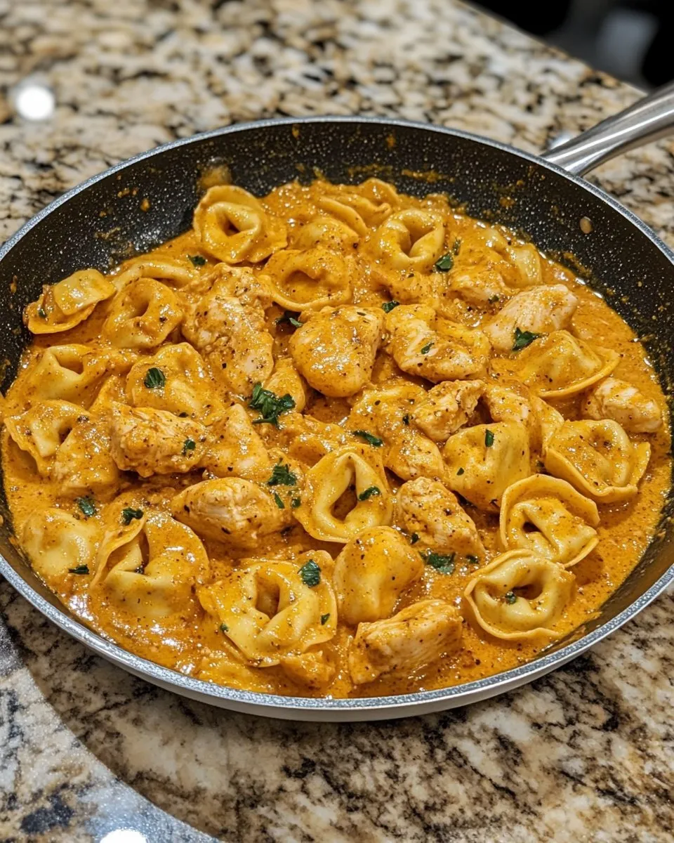 A pan of pasta with chicken and sauce.
