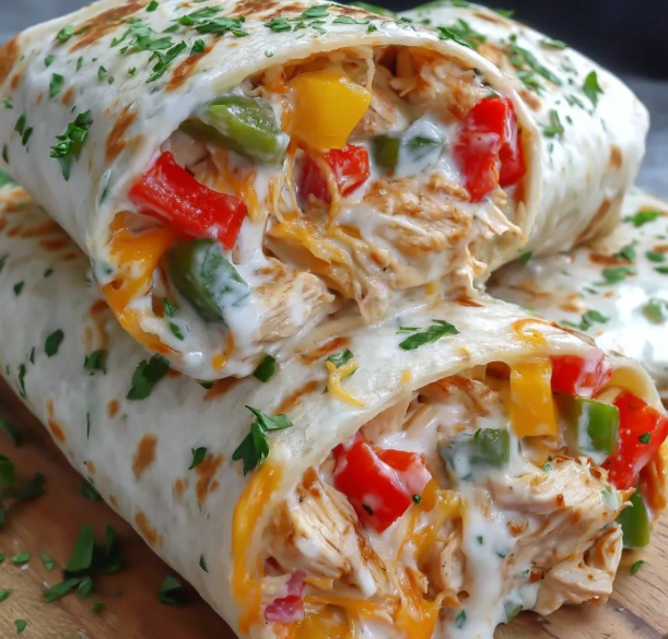 A burrito with chicken, peppers and cheese.