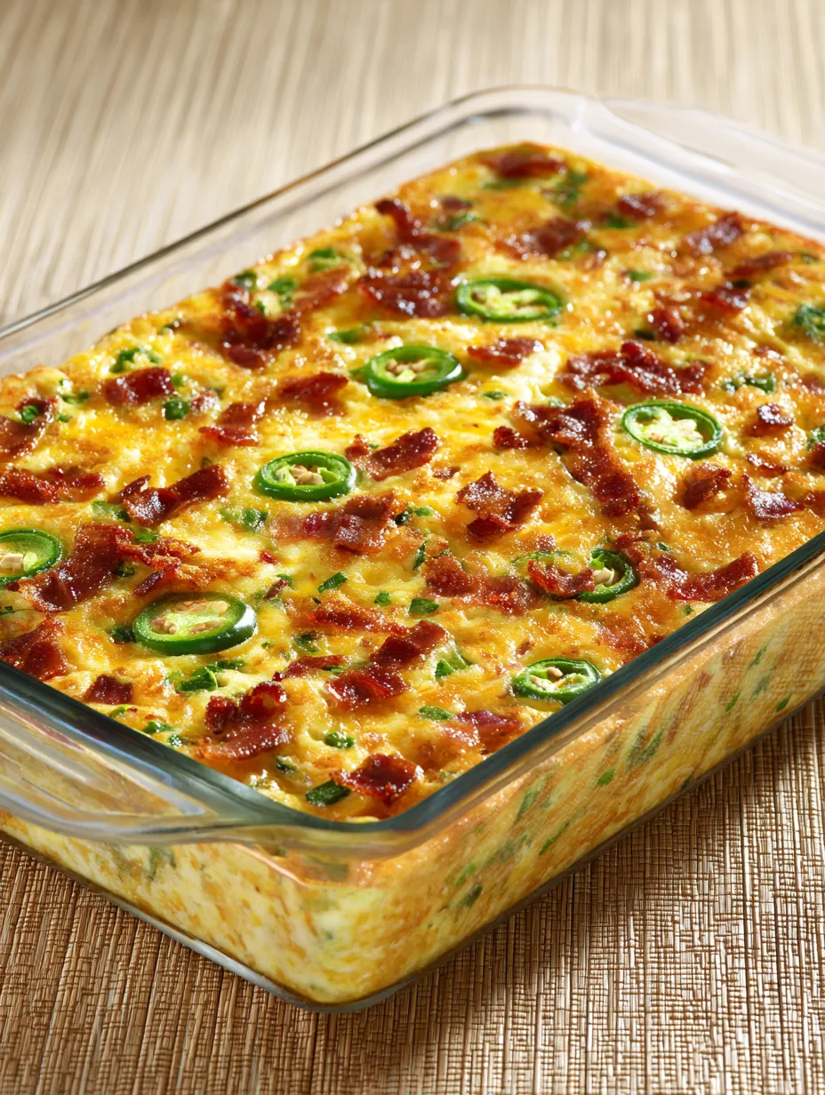 A casserole dish with beef bacon and peppers.