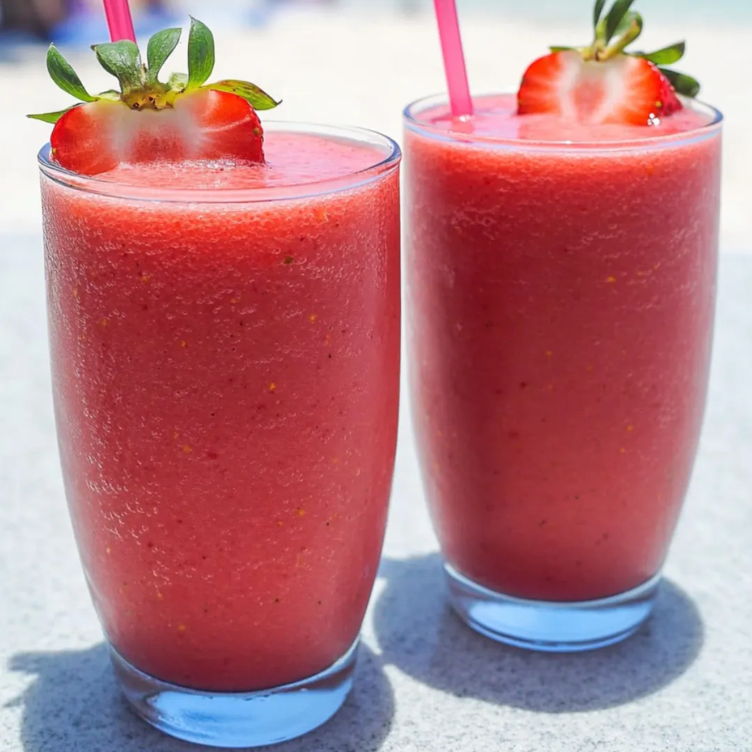 A pair of strawberry frosty drinks in glasses.