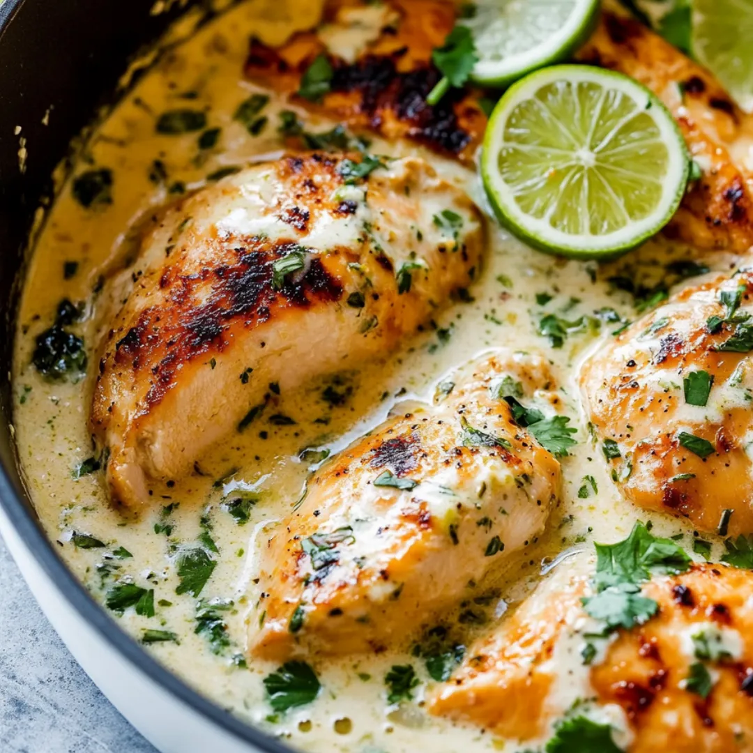 Chicken served in a bowl with lime and cilantro on top.
