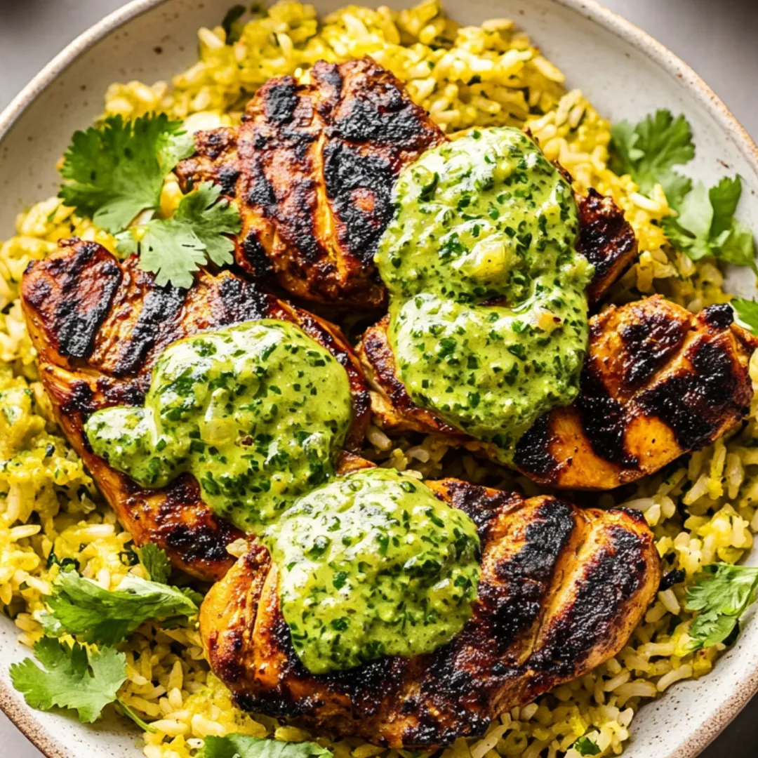 Plate loaded with chicken, rice, and bright green sauce.