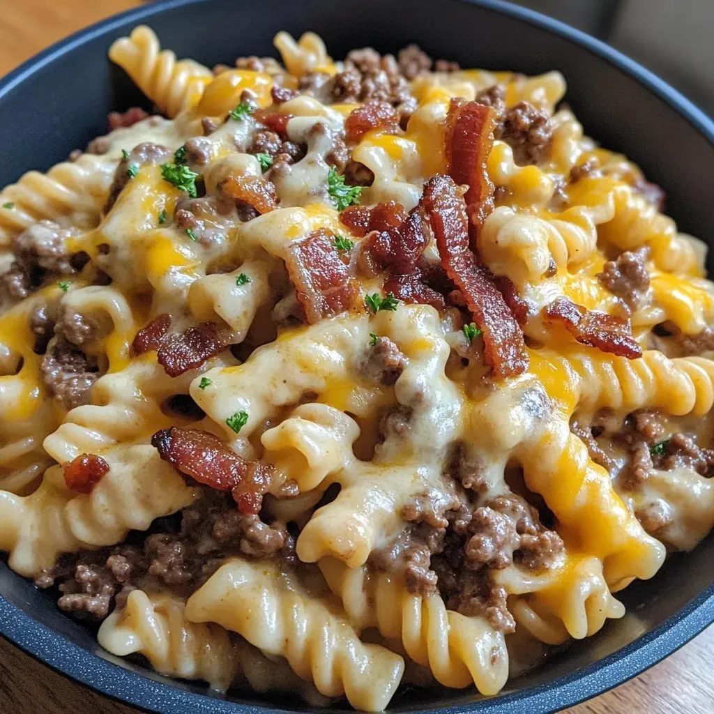 A bowl of pasta with meat and cheese.