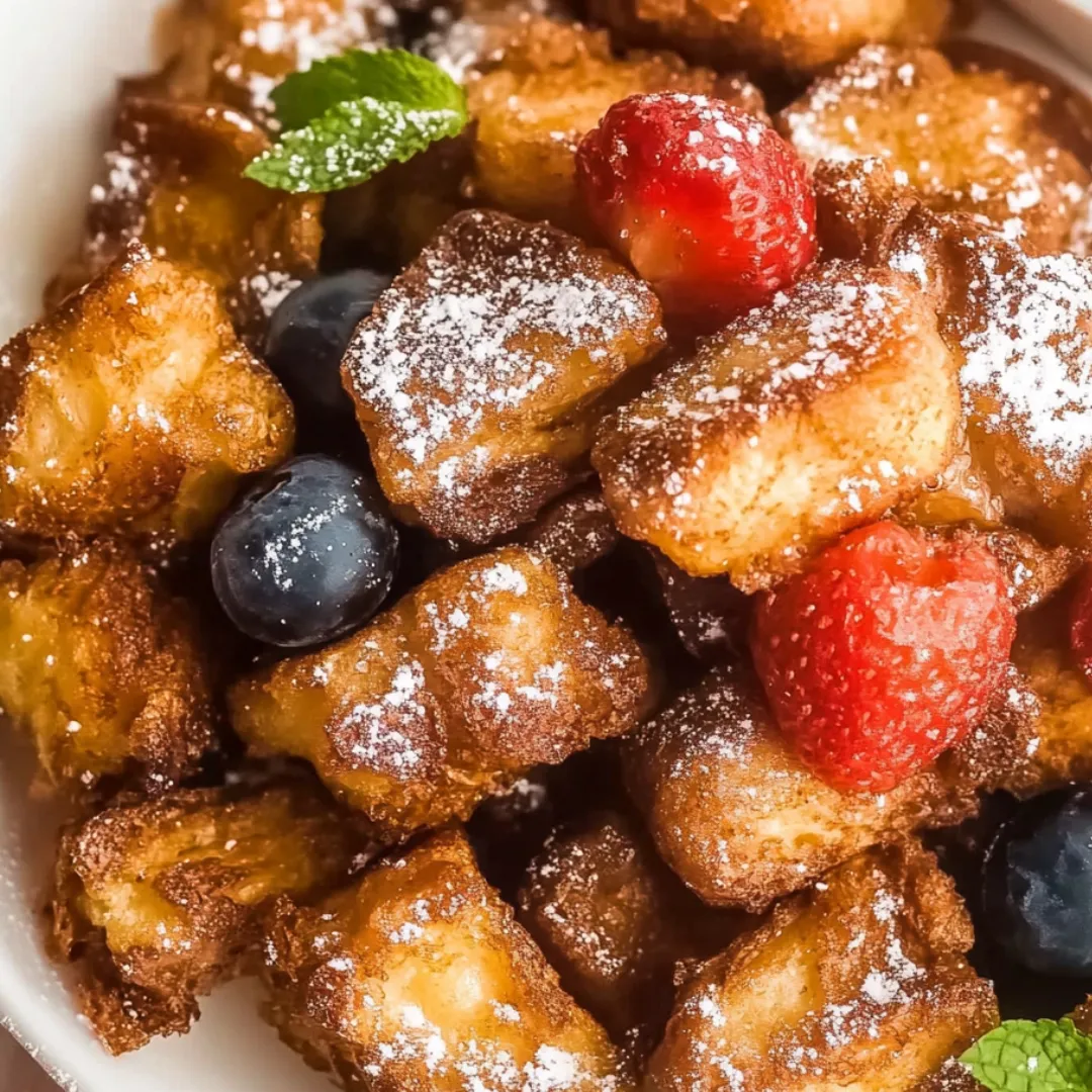 A bowl packed with fruit-topped toast bites.
