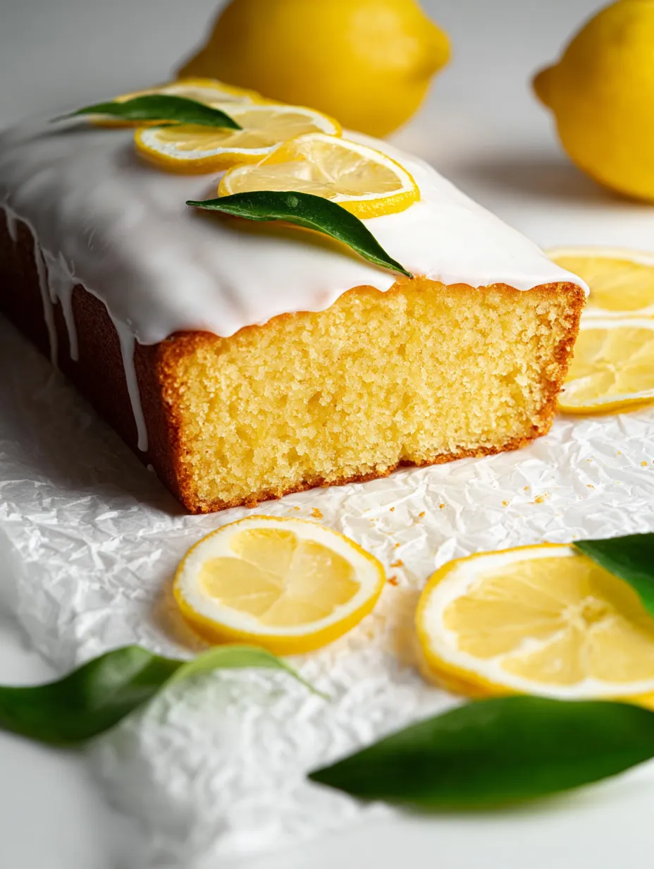 A slice of lemon cake with lemon wedges on top.