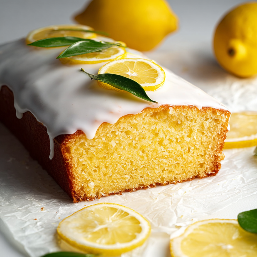 A slice of lemon cake with lemon slices on top.