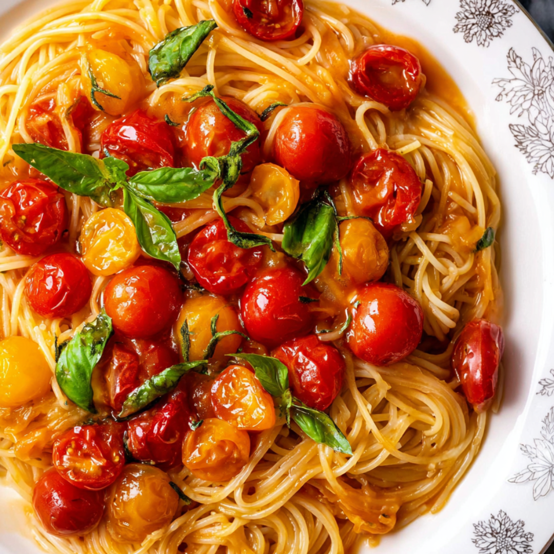 A plate of spaghetti with tomatoes and basil.
