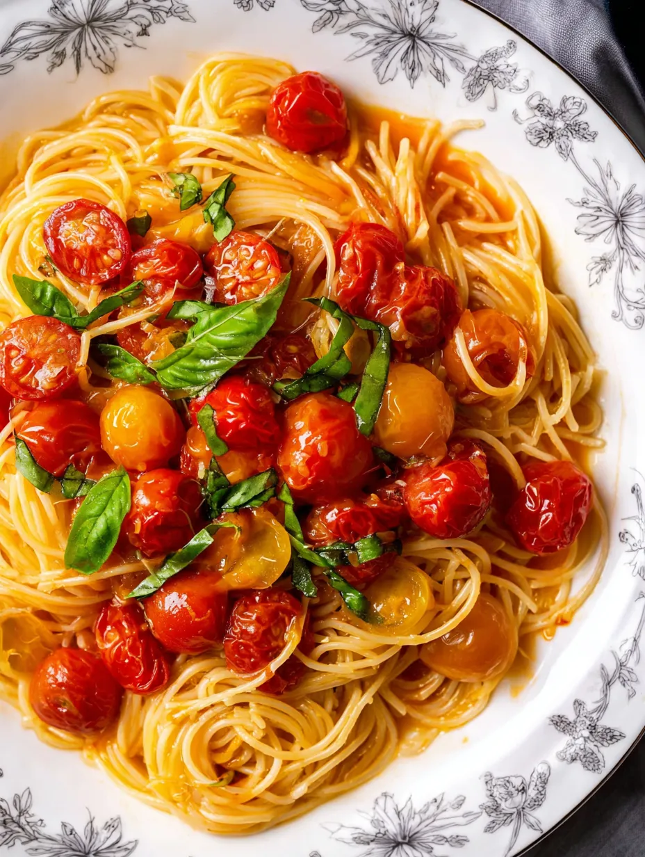 A plate of spaghetti with tomatoes and basil.