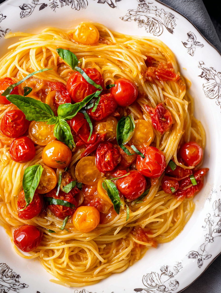 A plate of pasta with tomatoes and basil.