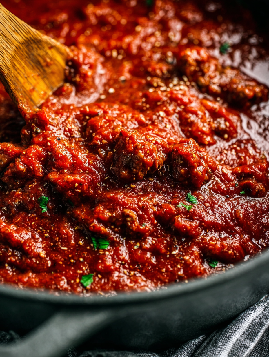 A wooden spoon in a pot of red sauce.