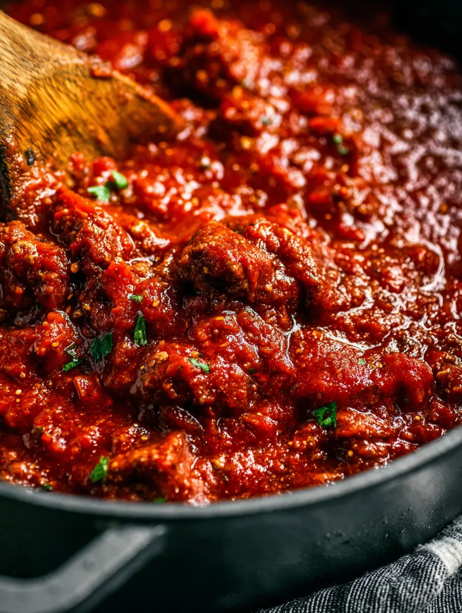 A spoon in a bowl of red sauce.