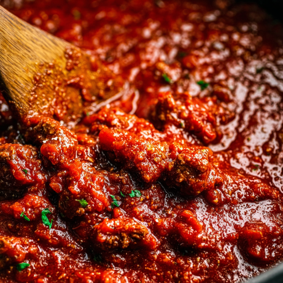 A wooden spoon in a pot of red sauce.