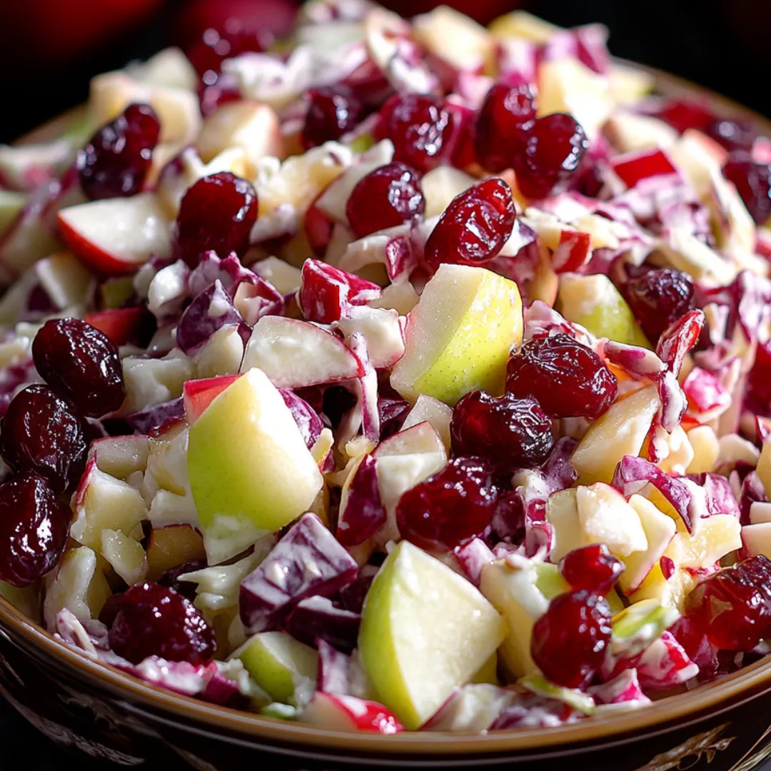Fruit slaw in a bowl with cranberries and apples visible.